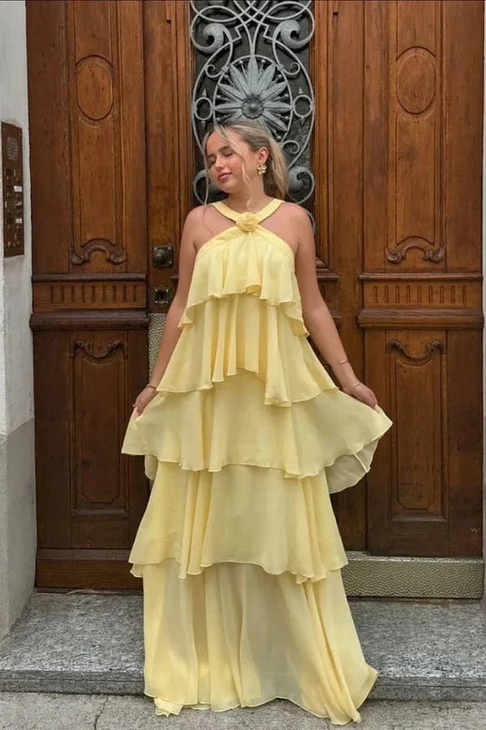 Vibrant Chiffon Tiered Halter Neck Sleeveless Cross Back Maxi Evening Dresses
