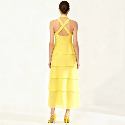 Vibrant Chiffon Tiered Halter Neck Sleeveless Cross Back Maxi Evening Dresses