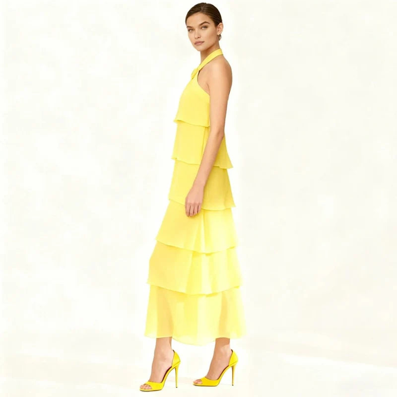 Vibrant Chiffon Tiered Halter Neck Sleeveless Cross Back Maxi Evening Dresses
