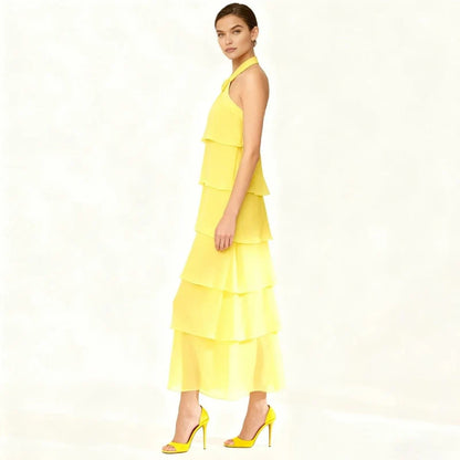 Vibrant Chiffon Tiered Halter Neck Sleeveless Cross Back Maxi Evening Dresses