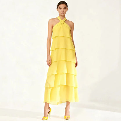 Vibrant Chiffon Tiered Halter Neck Sleeveless Cross Back Maxi Evening Dresses