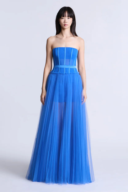 Vibrant Cobalt Blue Tulle A-Line Strapless Sweetheart Neck Floor-Length Evening Dresses