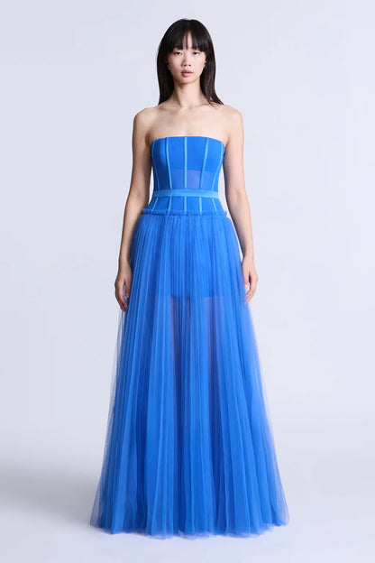 Vibrant Cobalt Blue Tulle A-Line Strapless Sweetheart Neck Floor-Length Evening Dresses