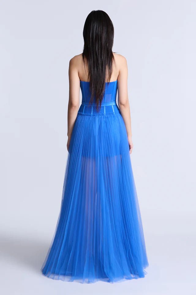Vibrant Cobalt Blue Tulle A-Line Strapless Sweetheart Neck Floor-Length Evening Dresses
