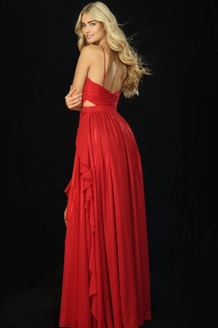 Vibrant Flowy Halter Spaghetti Strap Cutout Back Floor-Length Evening Dress