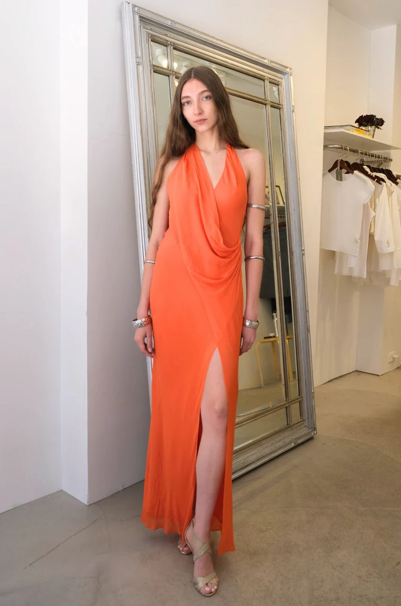 Vibrant Halter Cowl Neck Open-Back Sleeveless High Slit Floor-Length Evening Dress