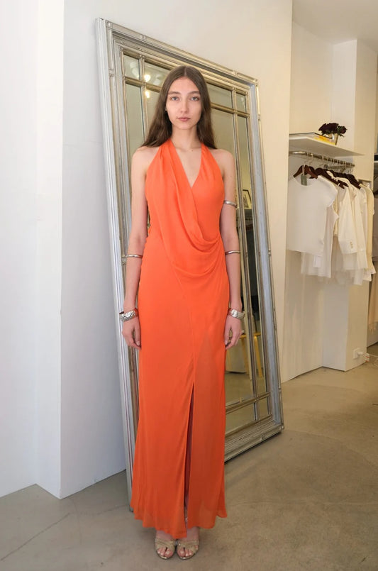 Vibrant Halter Cowl Neck Open-Back Sleeveless High Slit Floor-Length Evening Dress