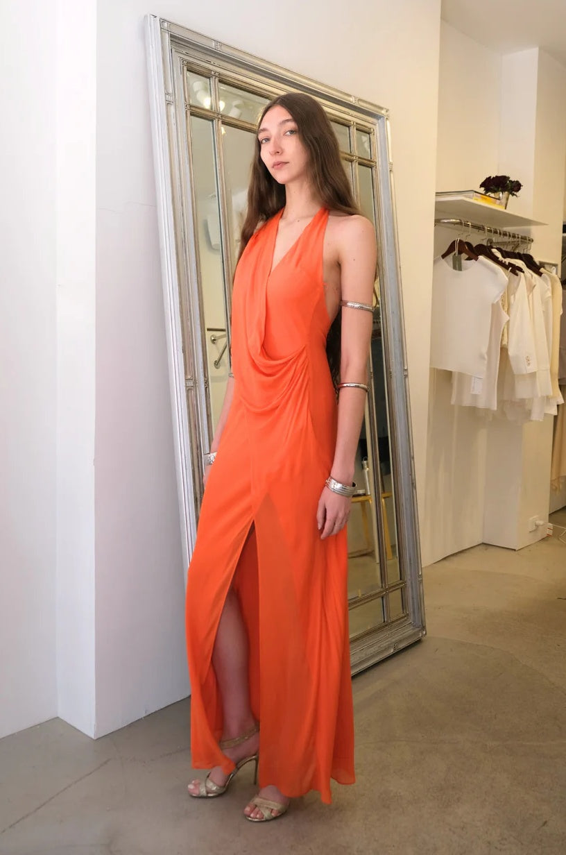 Vibrant Halter Cowl Neck Open-Back Sleeveless High Slit Floor-Length Evening Dress