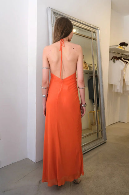 Vibrant Halter Cowl Neck Open-Back Sleeveless High Slit Floor-Length Evening Dress