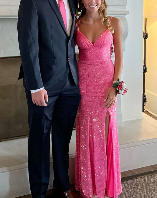 Vibrant Hot Pink Sequin Mermaid Prom Dress with V-Neck, Lace-Up Back, and Slit