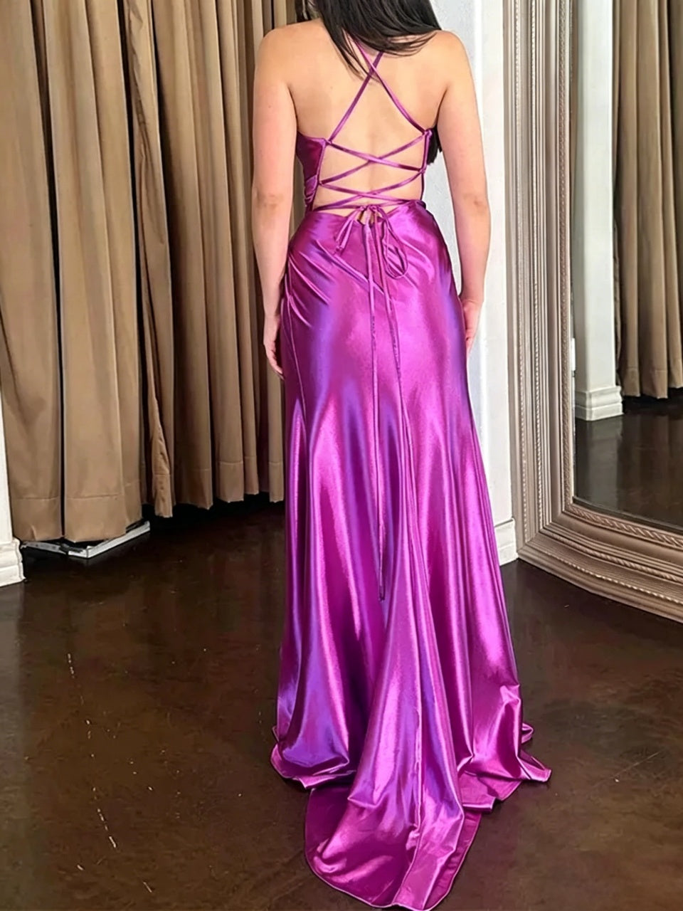 Vibrant Purple Satin Mermaid Deep V-Neck Lace-Up Back Slit Evening Dress