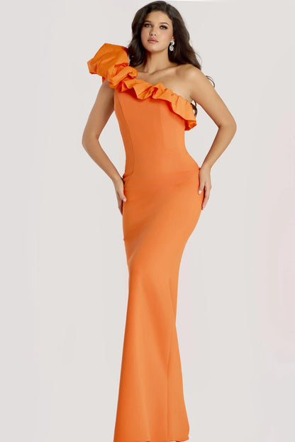 Vibrant Mermaid One-Shoulder Ruffle Detail Sleeveless Open Back Floor-Length Evening Dress