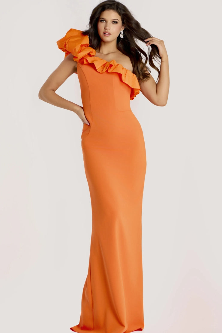 Vibrant Mermaid One-Shoulder Ruffle Detail Sleeveless Open Back Floor-Length Evening Dress