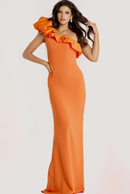 Vibrant Mermaid One-Shoulder Ruffle Detail Sleeveless Open Back Floor-Length Evening Dress