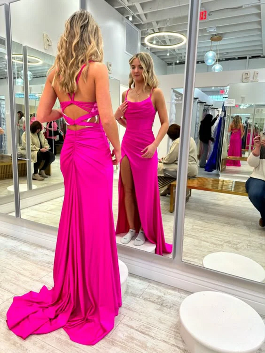 Vibrant Mermaid Scoop-Neck Crisscross-Back Slit Hot Pink Jersey Prom Dress