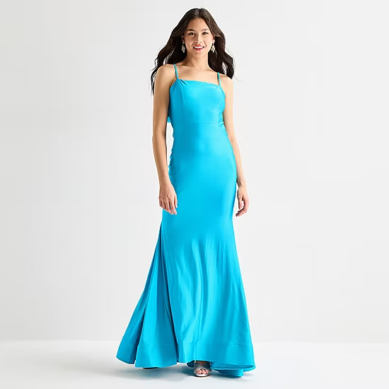 Vibrant Mermaid Square Neck Spaghetti Strap Bow Tie Floor Length Evening Dress