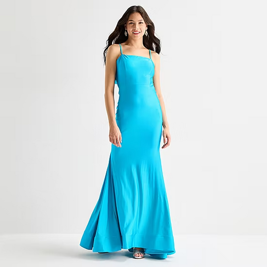 Vibrant Mermaid Square Neck Spaghetti Straps Bow Tie Open Back Floor Length Evening Dress