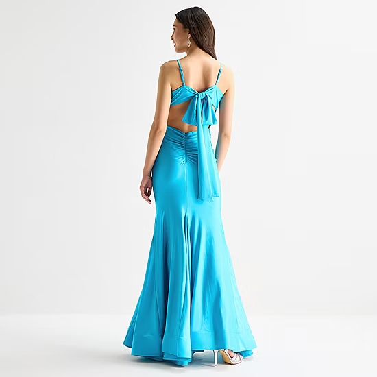 Vibrant Mermaid Square Neck Spaghetti Strap Bow Tie Floor Length Evening Dress