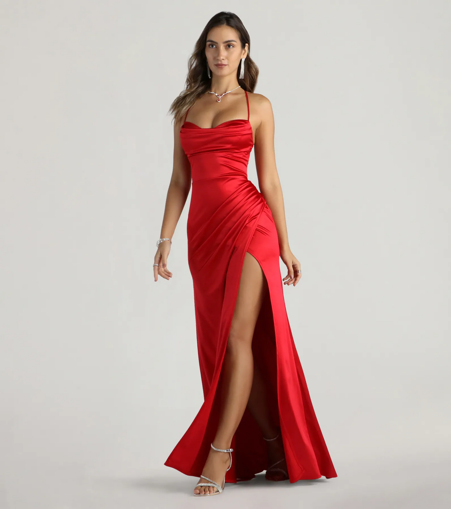Vibrant Satin Mermaid Sweetheart Spaghetti Strap Lace-Up Slit Floor-Length Evening Dress