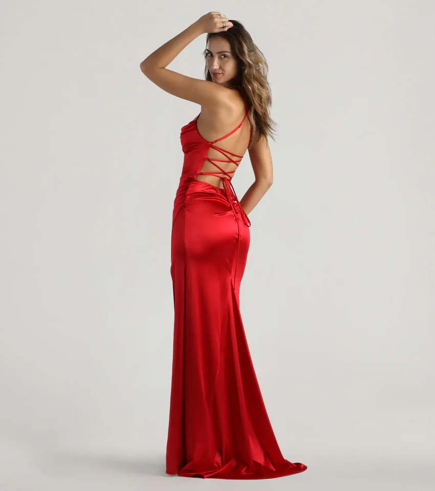 Vibrant Satin Mermaid Sweetheart Spaghetti Strap Lace-Up Slit Floor-Length Evening Dress