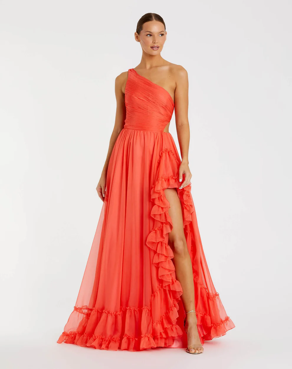 Vibrant One-Shoulder Ruched Chiffon Ruffle Slit Cutout Back Evening Gown