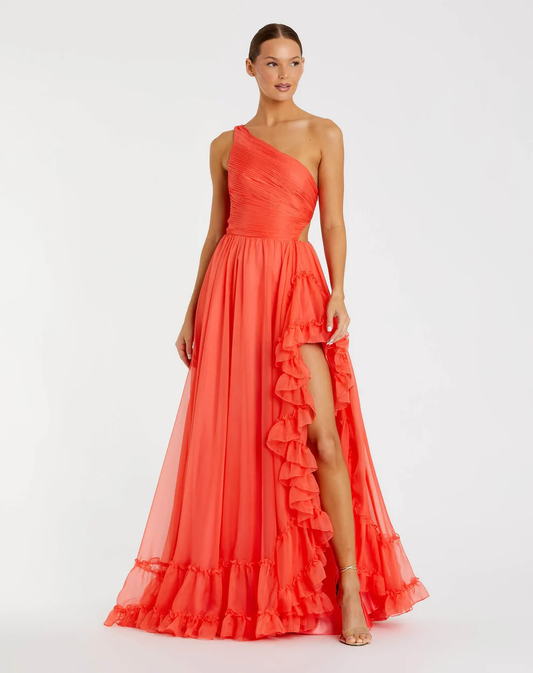 Vibrant One-Shoulder Ruched Chiffon Ruffle Slit Cutout Back Evening Gown