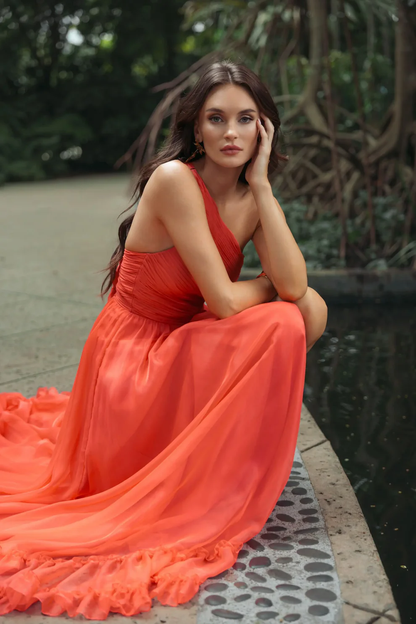 Vibrant One-Shoulder Ruched Chiffon Ruffle Slit Cutout Back Evening Gown