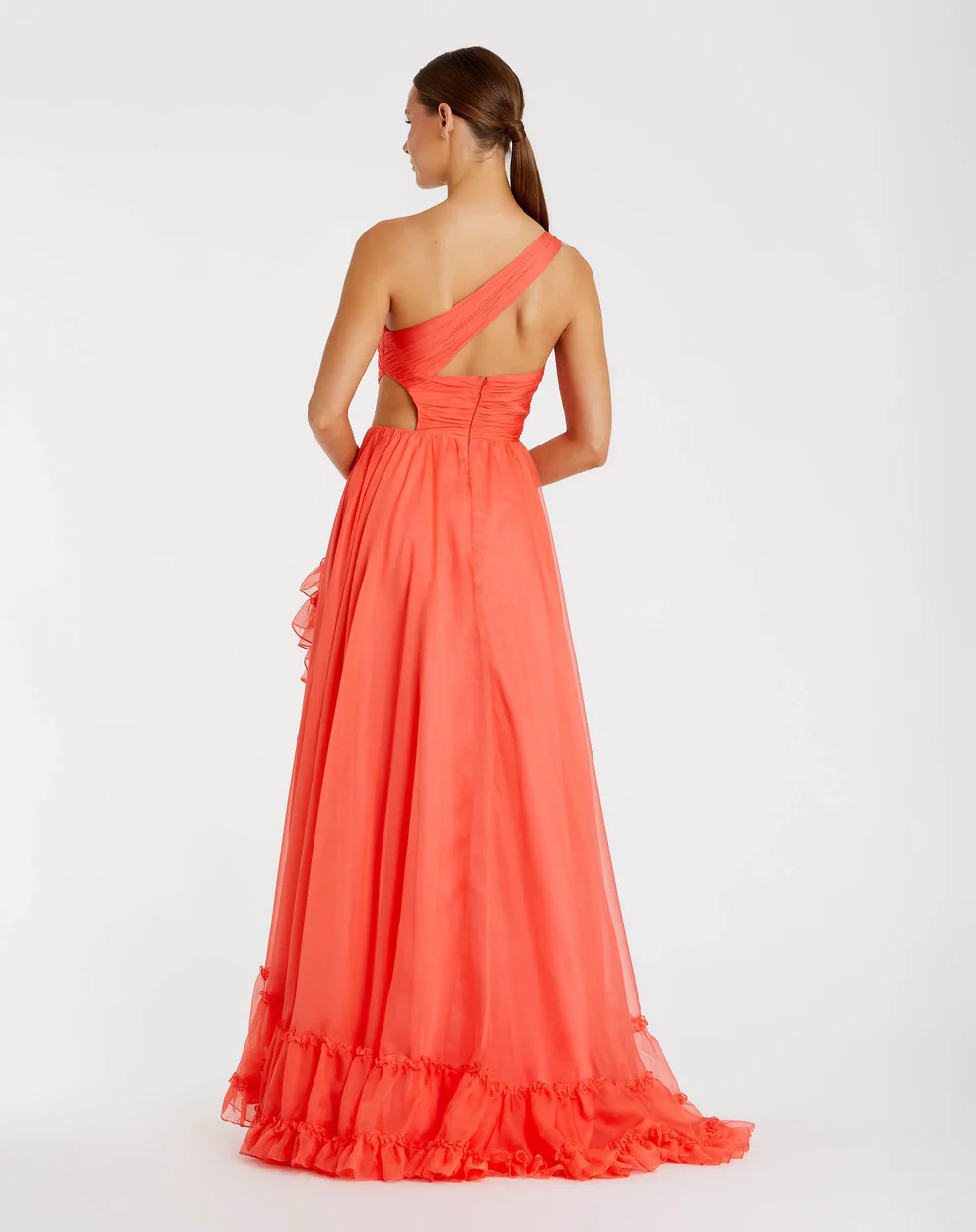 Vibrant One-Shoulder Ruched Chiffon Ruffle Slit Cutout Back Evening Gown