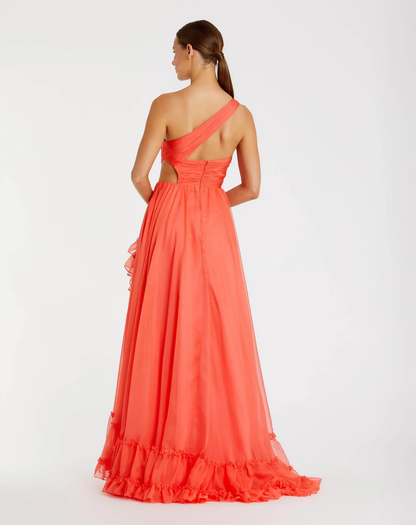 Vibrant One-Shoulder Ruched Chiffon Ruffle Slit Cutout Back Evening Gown