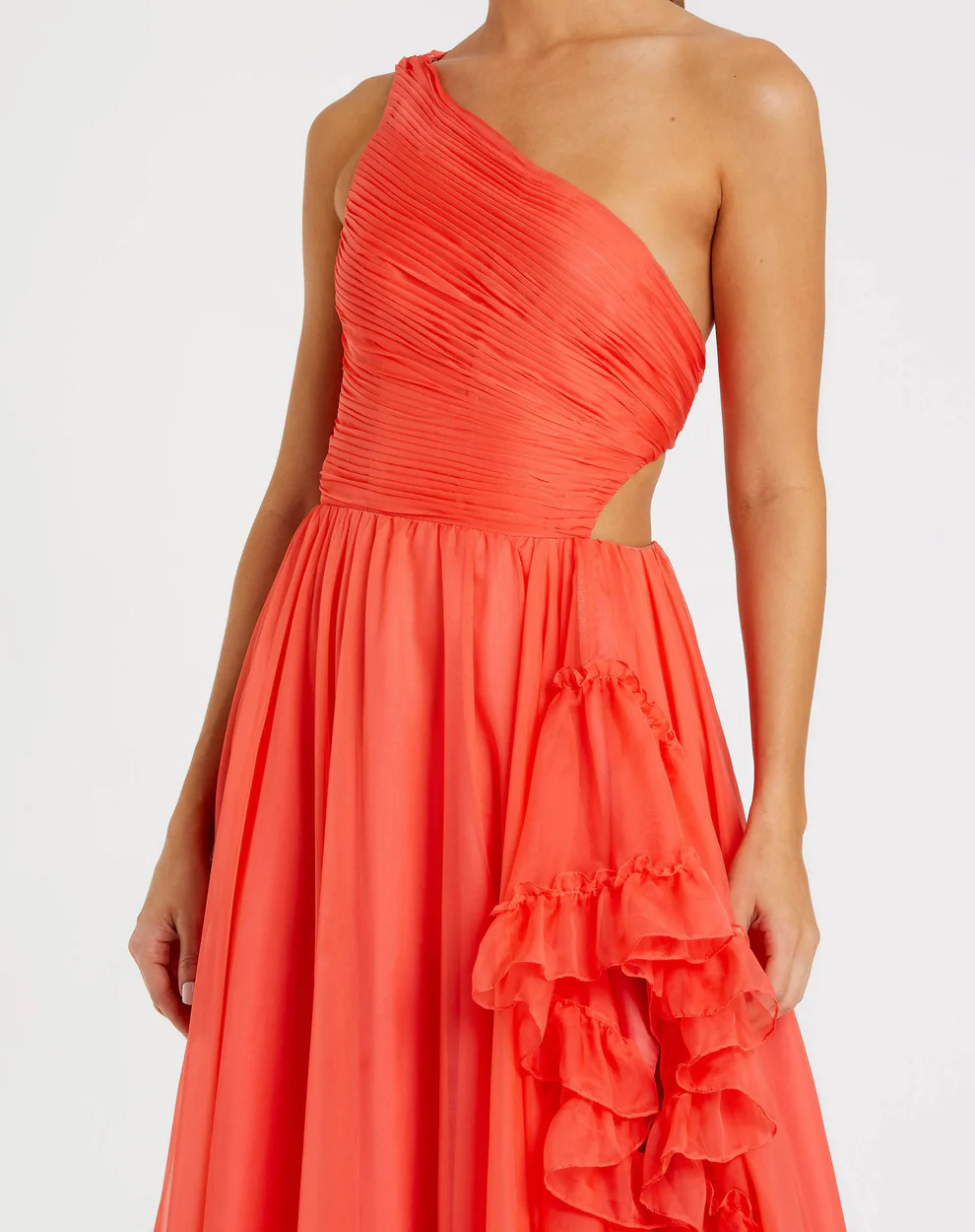 Vibrant One-Shoulder Ruched Chiffon Ruffle Slit Cutout Back Evening Gown