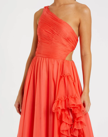 Vibrant One-Shoulder Ruched Chiffon Ruffle Slit Cutout Back Evening Gown