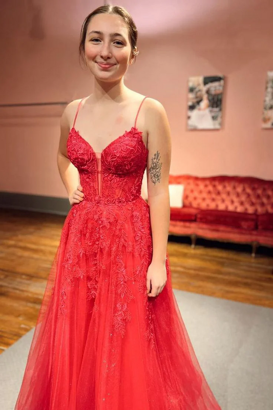 Vibrant Red Lace A-Line Sweetheart Spaghetti Strap Lace-Up Back Floor-Length Prom Dress