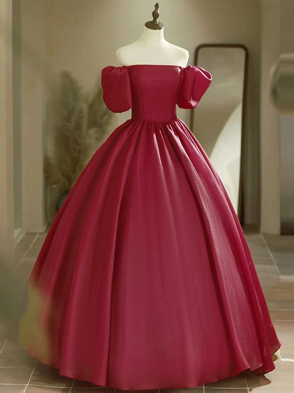 Vibrant Red Off-the-Shoulder Puff Sleeve Lace-Up Back A-Line Prom Dresses