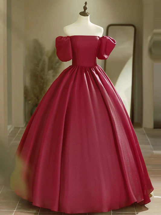 Vibrant Red Off-the-Shoulder Puff Sleeve Lace-Up Back A-Line Prom Dresses
