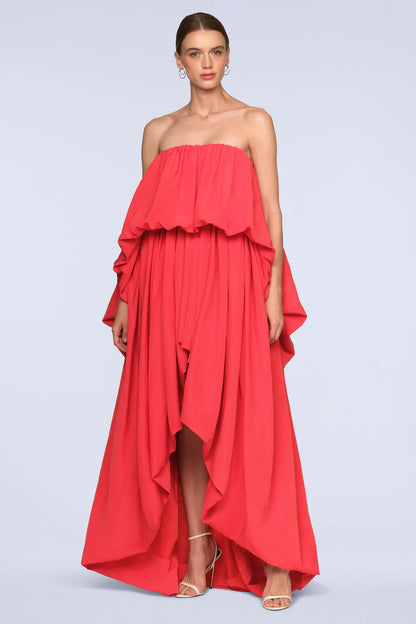 Vibrant Red Poplin A-Line Strapless Ruffled Neck Floor-Length Evening Dresses