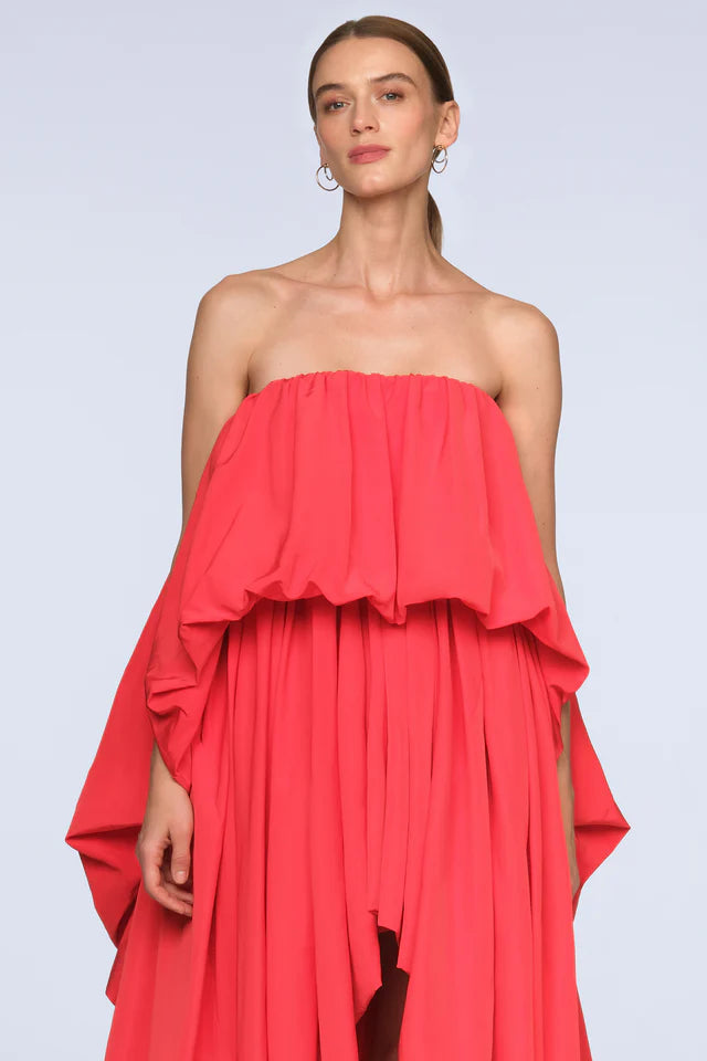 Vibrant Red Poplin A-Line Strapless Ruffled Neck Floor-Length Evening Dresses