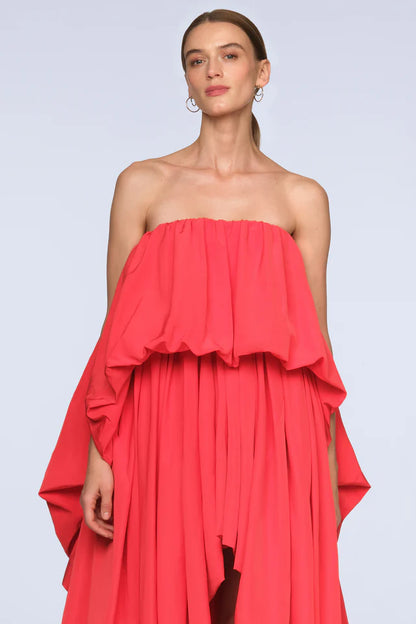 Vibrant Red Poplin A-Line Strapless Ruffled Neck Floor-Length Evening Dresses