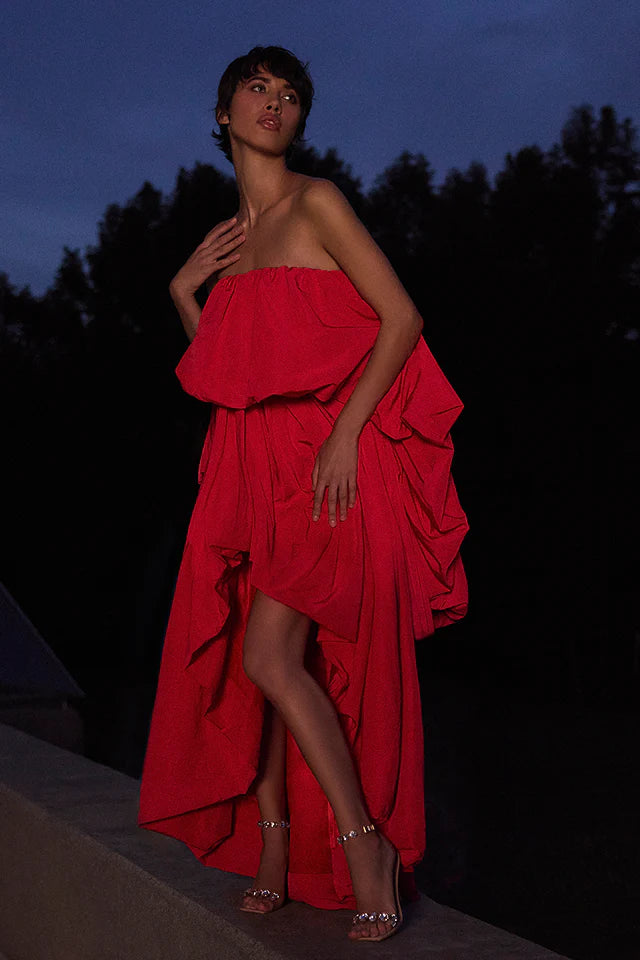 Vibrant Red Poplin A-Line Strapless Ruffled Neck Floor-Length Evening Dresses