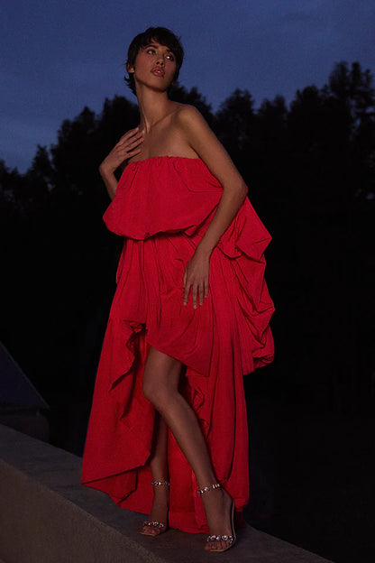Vibrant Red Poplin A-Line Strapless Ruffled Neck Floor-Length Evening Dresses