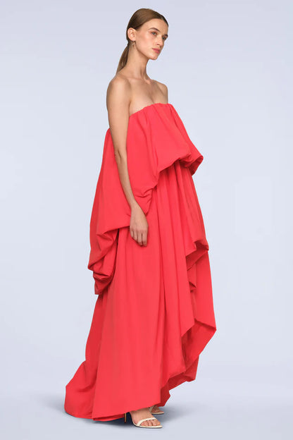 Vibrant Red Poplin A-Line Strapless Ruffled Neck Floor-Length Evening Dresses
