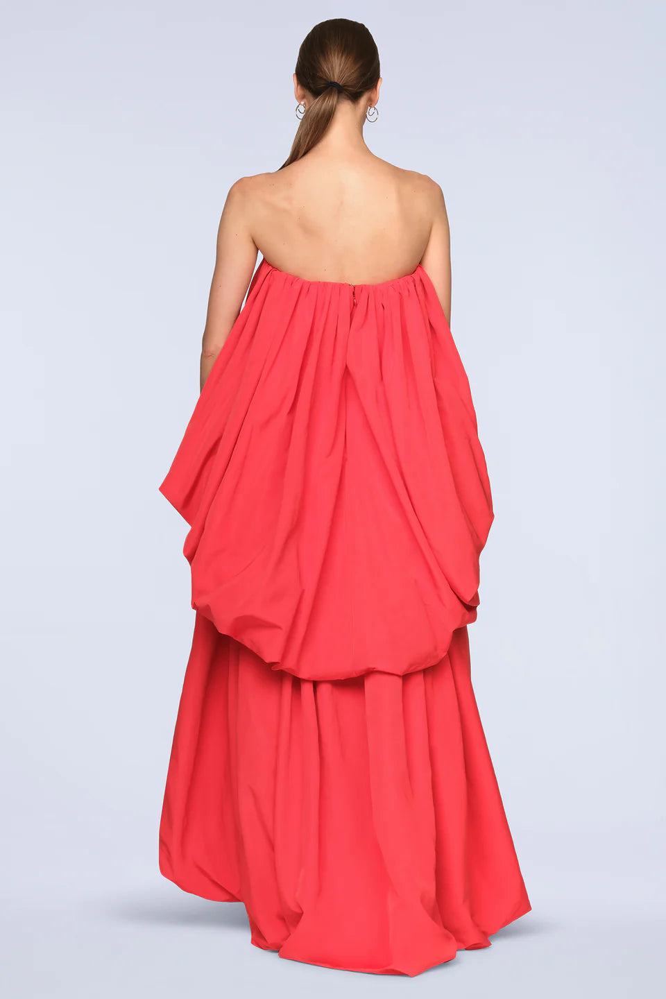 Vibrant Red Poplin A-Line Strapless Ruffled Neck Floor-Length Evening Dresses