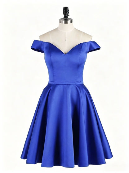 Vibrant Royal Satin A-line Off-the-shoulder Sweetheart Cap Sleeve ZipperBack Mini Homecoming Dresses