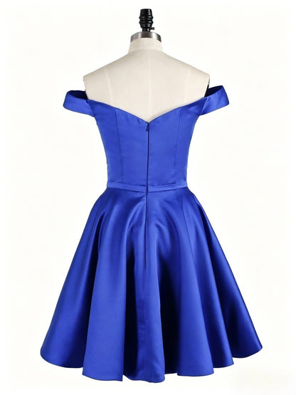 Vibrant Royal Satin A-line Off-the-shoulder Sweetheart Cap Sleeve ZipperBack Mini Homecoming Dresses