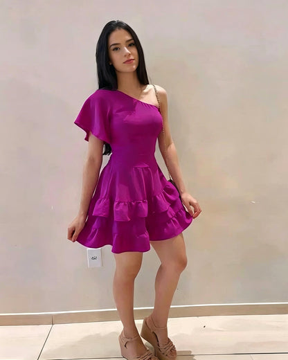 Vibrant A-Line One-Shoulder Ruffle Sleeve Mini Homecoming Dress with Simple Back