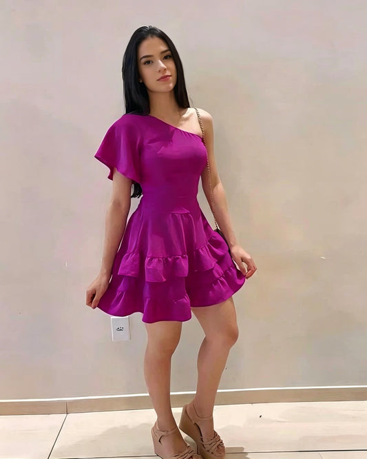 Vibrant A-Line One-Shoulder Ruffle Sleeve Mini Homecoming Dress with Simple Back