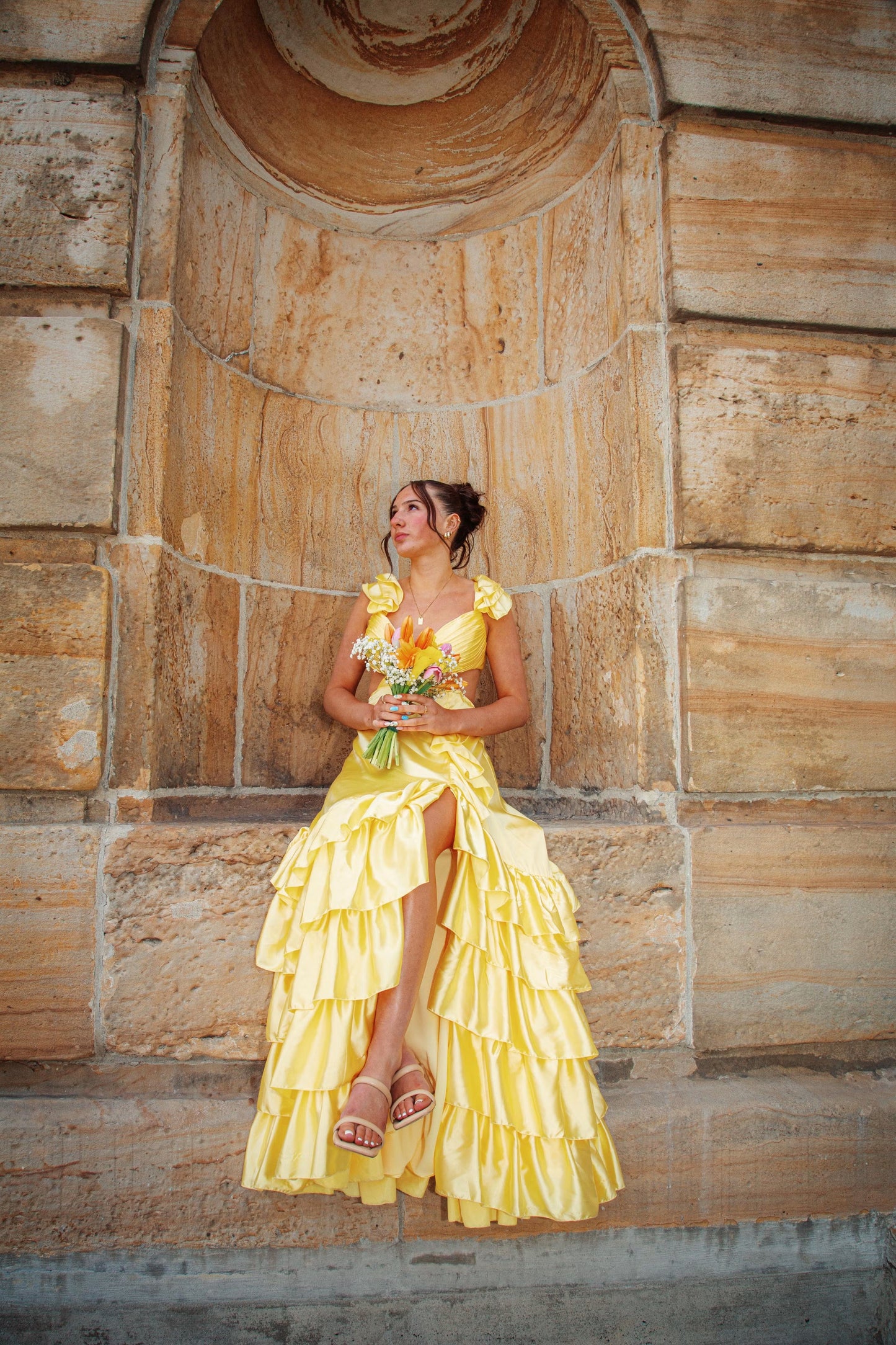 Vibrant A-Line Ruffled Tiered Sweetheart Off-Shoulder Ruffled Cap Sleeve Open Back High Slit Floor-Length Evening Dresses