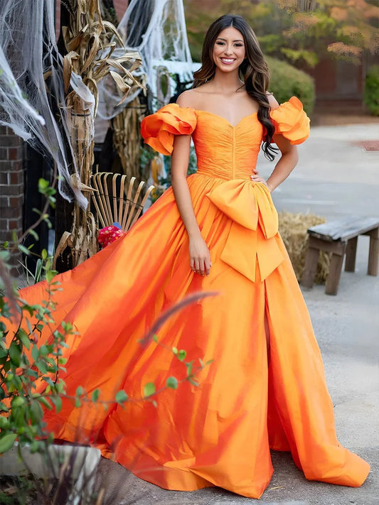 Vibrant A-Line Sweetheart Off-the-Shoulder Ruffled Lace-Up Floor-Length Evening Dresses with Slit and Bow Detail