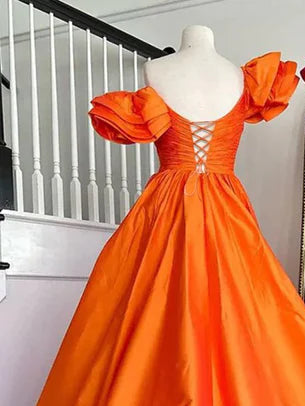 Vibrant A-Line Sweetheart Off-the-Shoulder Ruffled Lace-Up Floor-Length Evening Dresses with Slit and Bow Detail