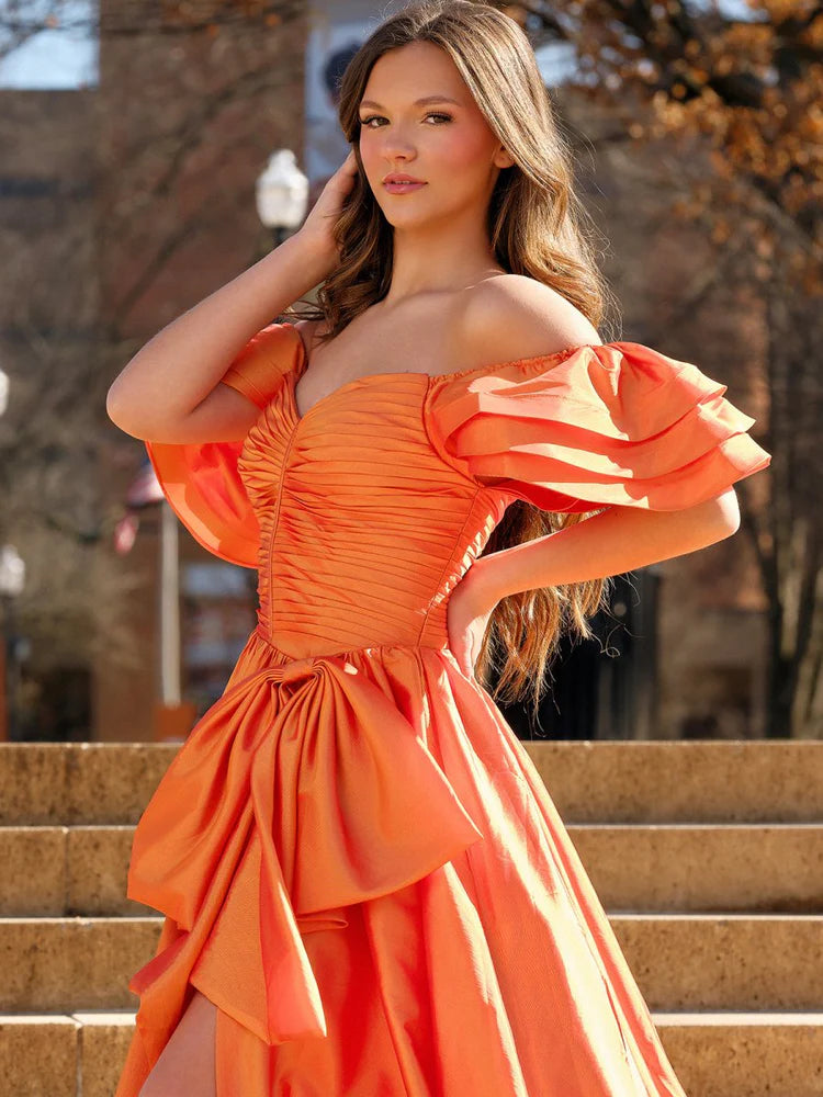 Vibrant A-Line Sweetheart Off-the-Shoulder Ruffled Lace-Up Floor-Length Evening Dresses with Slit and Bow Detail