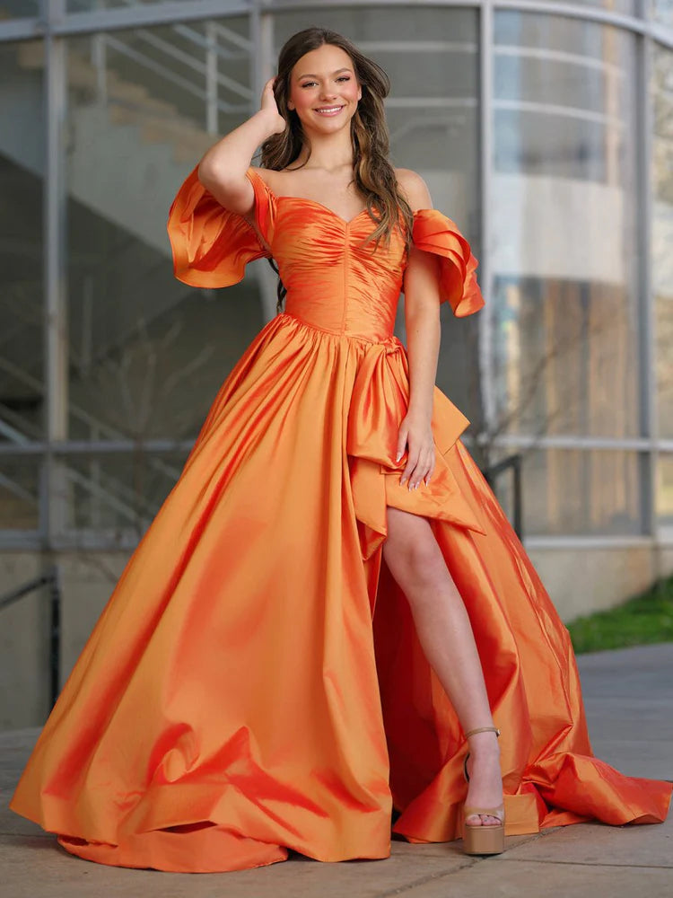 Vibrant A-Line Sweetheart Off-the-Shoulder Ruffled Lace-Up Floor-Length Evening Dresses with Slit and Bow Detail